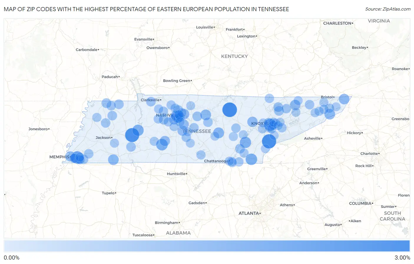 Zip Codes with the Highest Percentage of Eastern European Population in Tennessee Map
