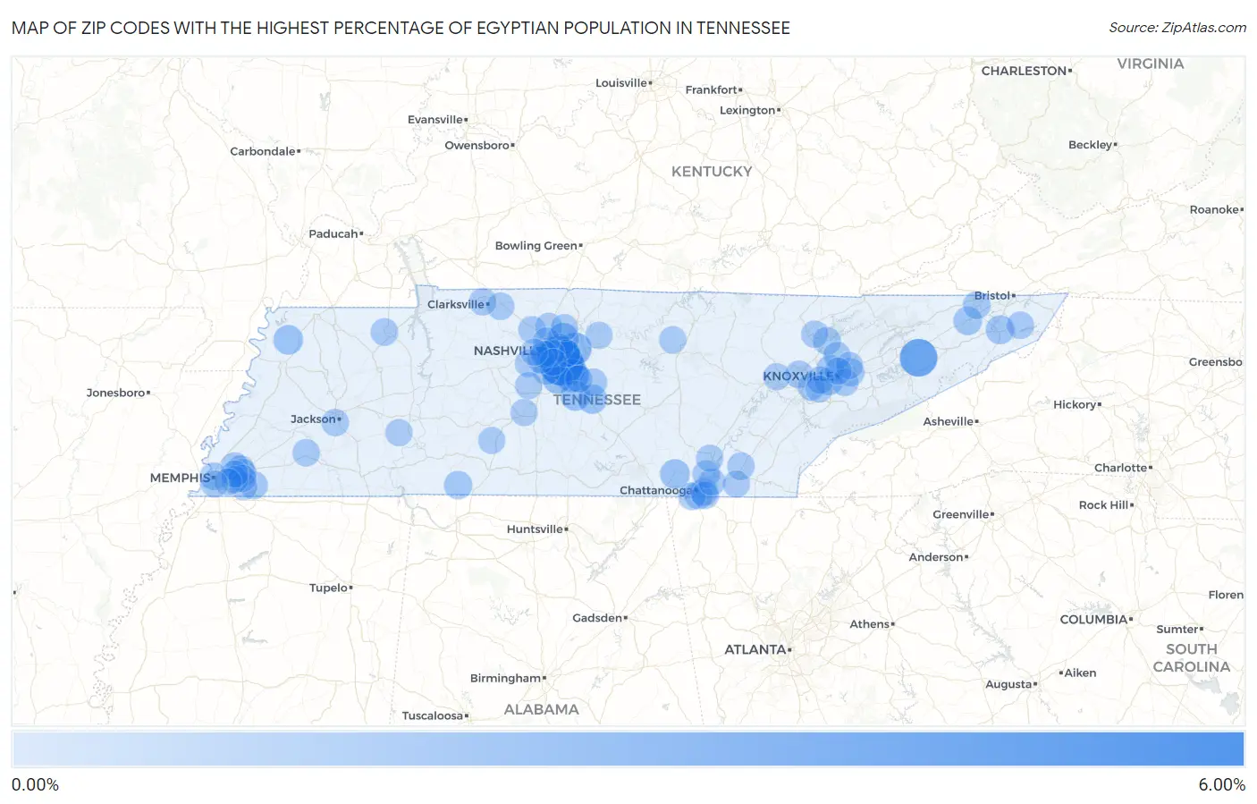 Zip Codes with the Highest Percentage of Egyptian Population in Tennessee Map