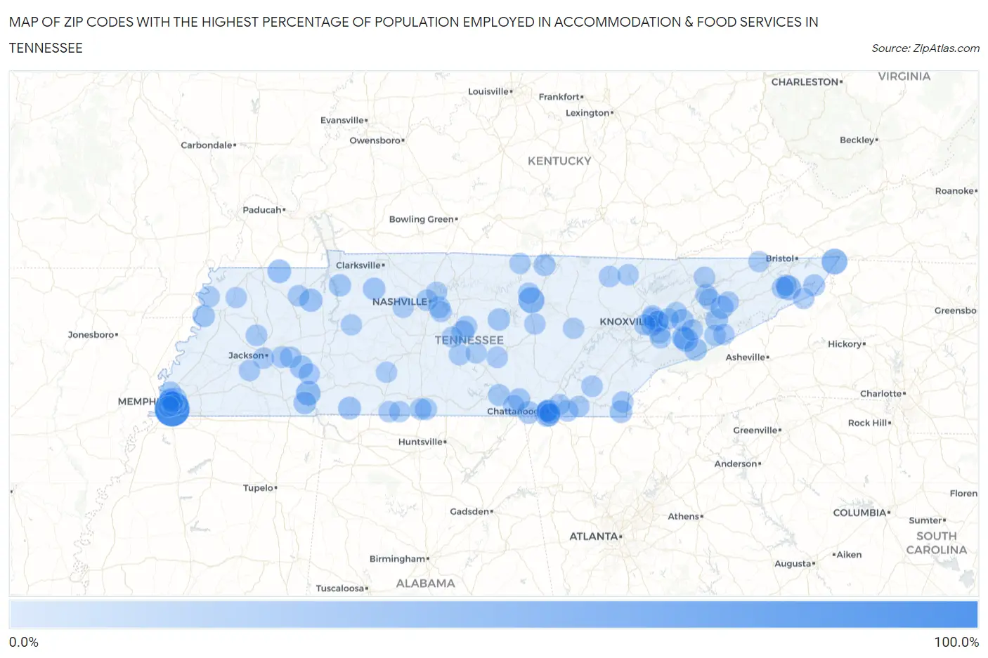 Zip Codes with the Highest Percentage of Population Employed in Accommodation & Food Services in Tennessee Map