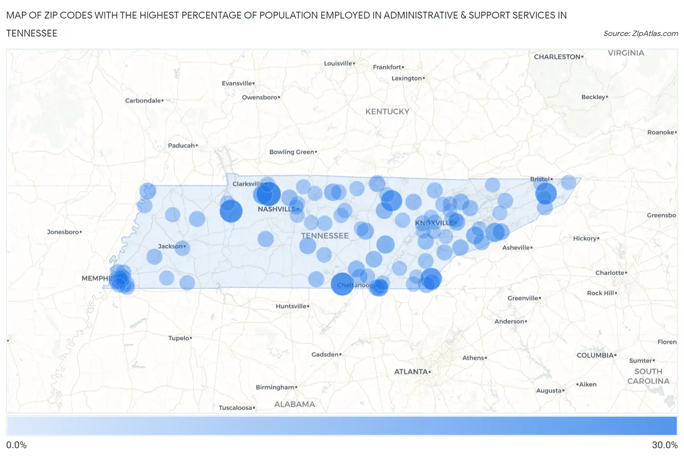 Zip Codes with the Highest Percentage of Population Employed in Administrative & Support Services in Tennessee Map