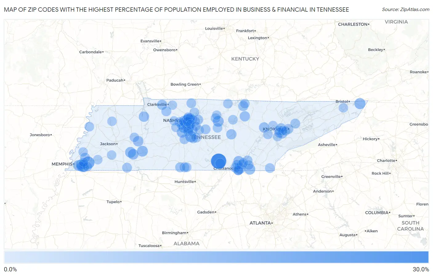 Zip Codes with the Highest Percentage of Population Employed in Business & Financial in Tennessee Map