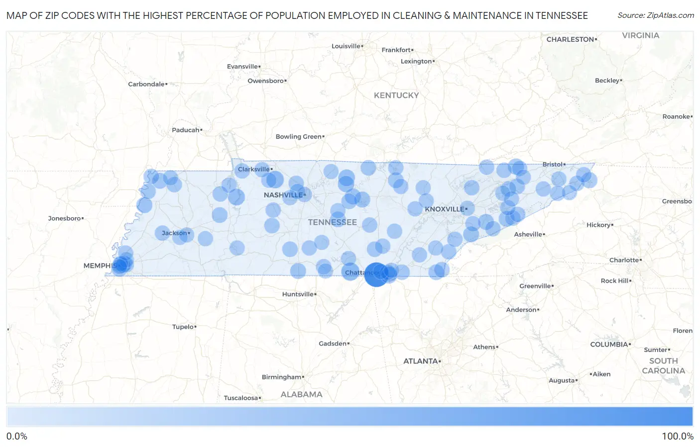 Zip Codes with the Highest Percentage of Population Employed in Cleaning & Maintenance in Tennessee Map