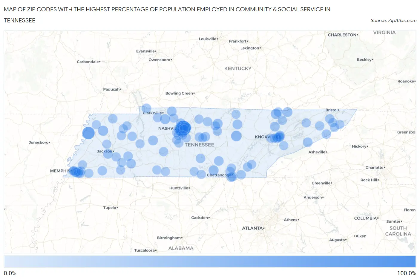 Zip Codes with the Highest Percentage of Population Employed in Community & Social Service  in Tennessee Map