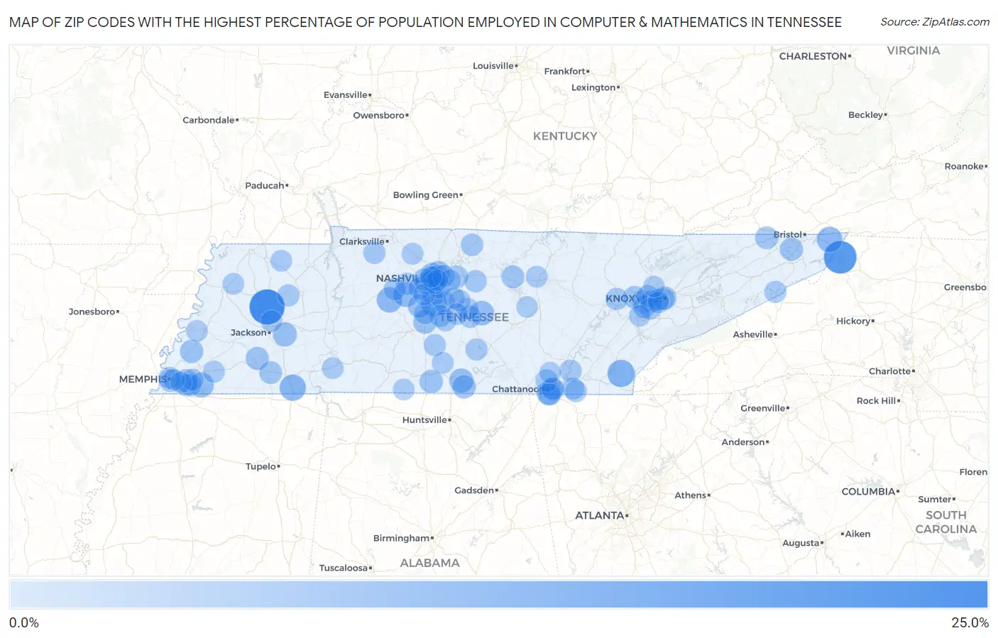 Zip Codes with the Highest Percentage of Population Employed in Computer & Mathematics in Tennessee Map