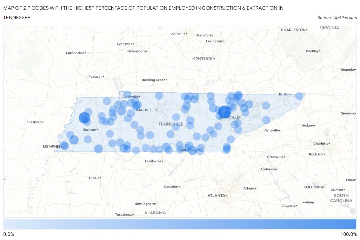 Zip Codes with the Highest Percentage of Population Employed in Construction & Extraction in Tennessee Map