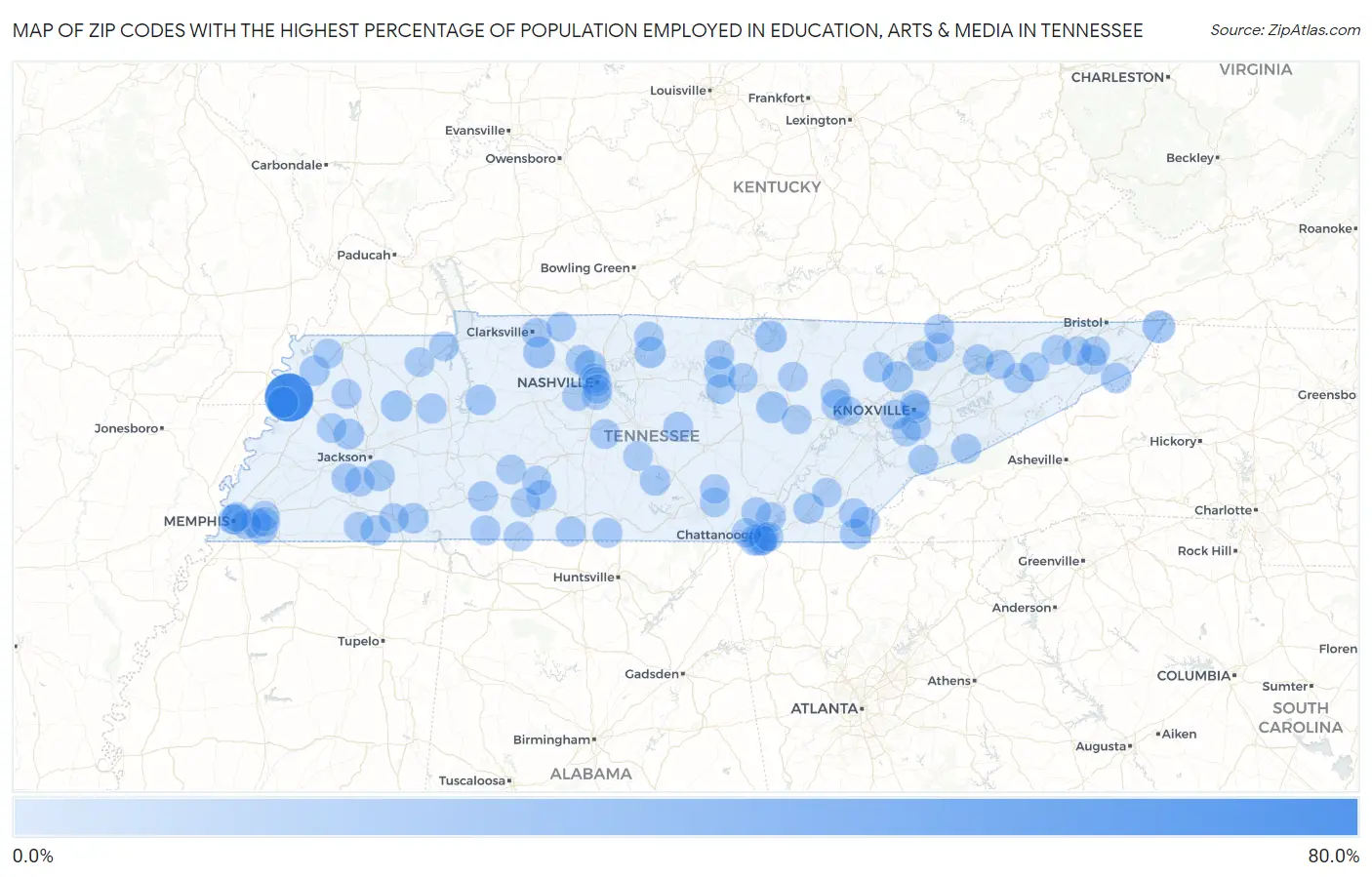 Zip Codes with the Highest Percentage of Population Employed in Education, Arts & Media in Tennessee Map