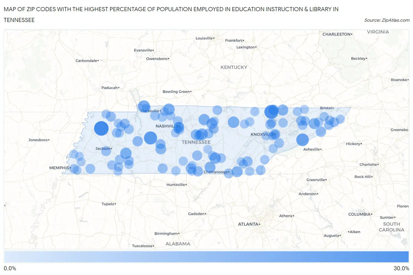 Zip Codes with the Highest Percentage of Population Employed in Education Instruction & Library in Tennessee Map