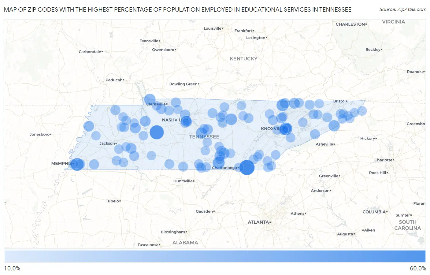 Zip Codes with the Highest Percentage of Population Employed in Educational Services in Tennessee Map