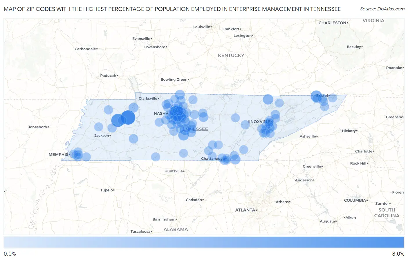 Zip Codes with the Highest Percentage of Population Employed in Enterprise Management in Tennessee Map