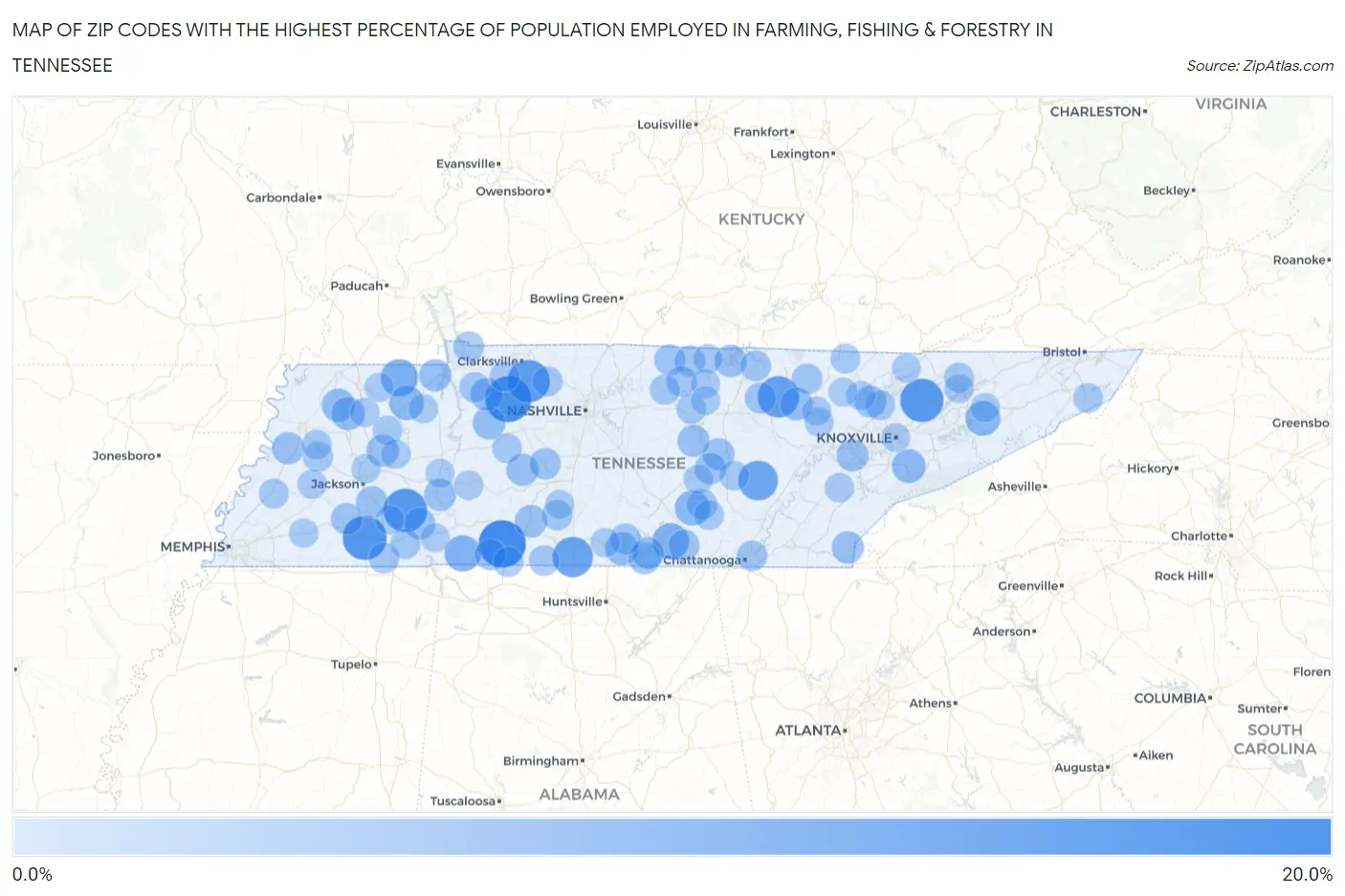 Zip Codes with the Highest Percentage of Population Employed in Farming, Fishing & Forestry in Tennessee Map