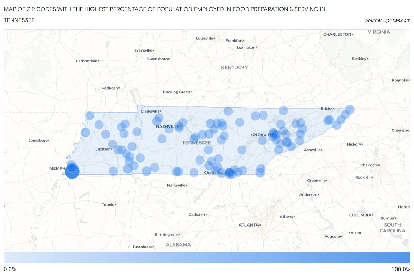 Zip Codes with the Highest Percentage of Population Employed in Food Preparation & Serving in Tennessee Map
