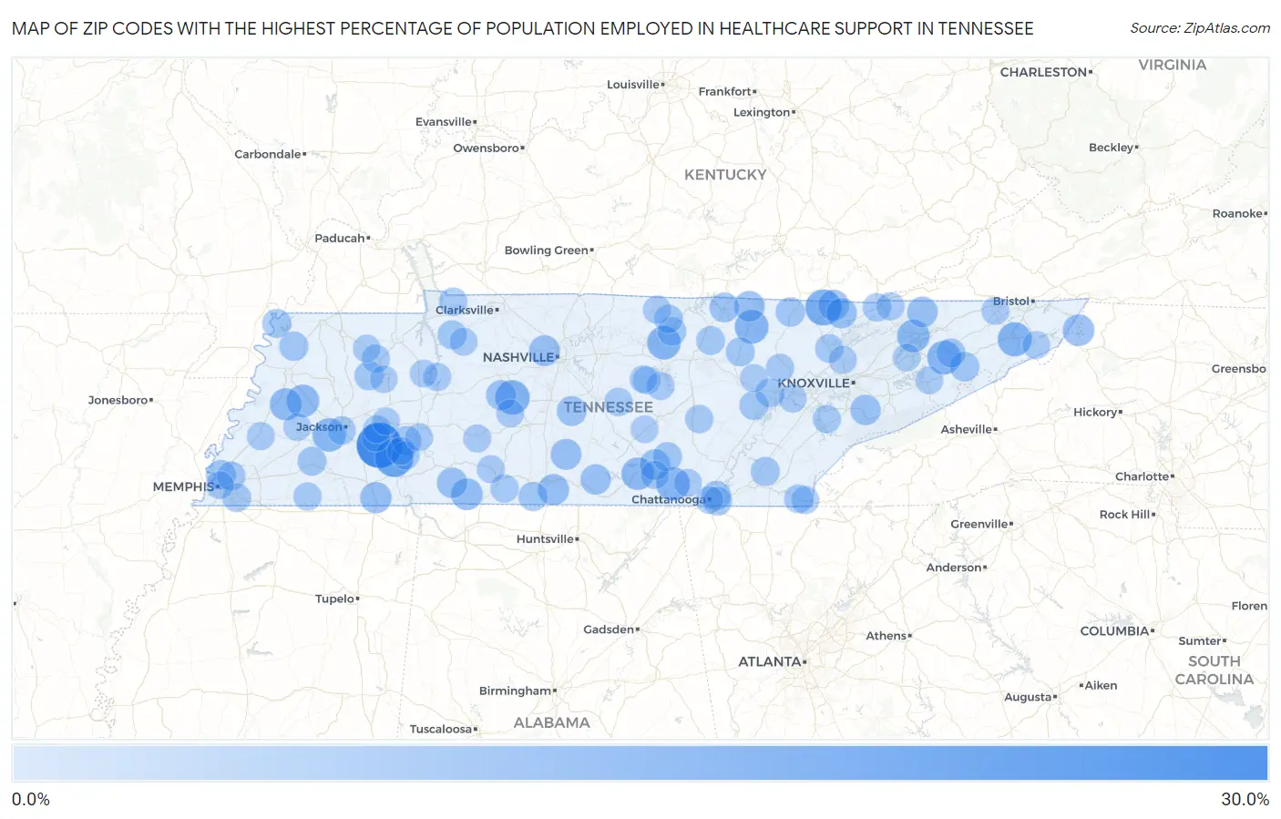 Zip Codes with the Highest Percentage of Population Employed in Healthcare Support in Tennessee Map