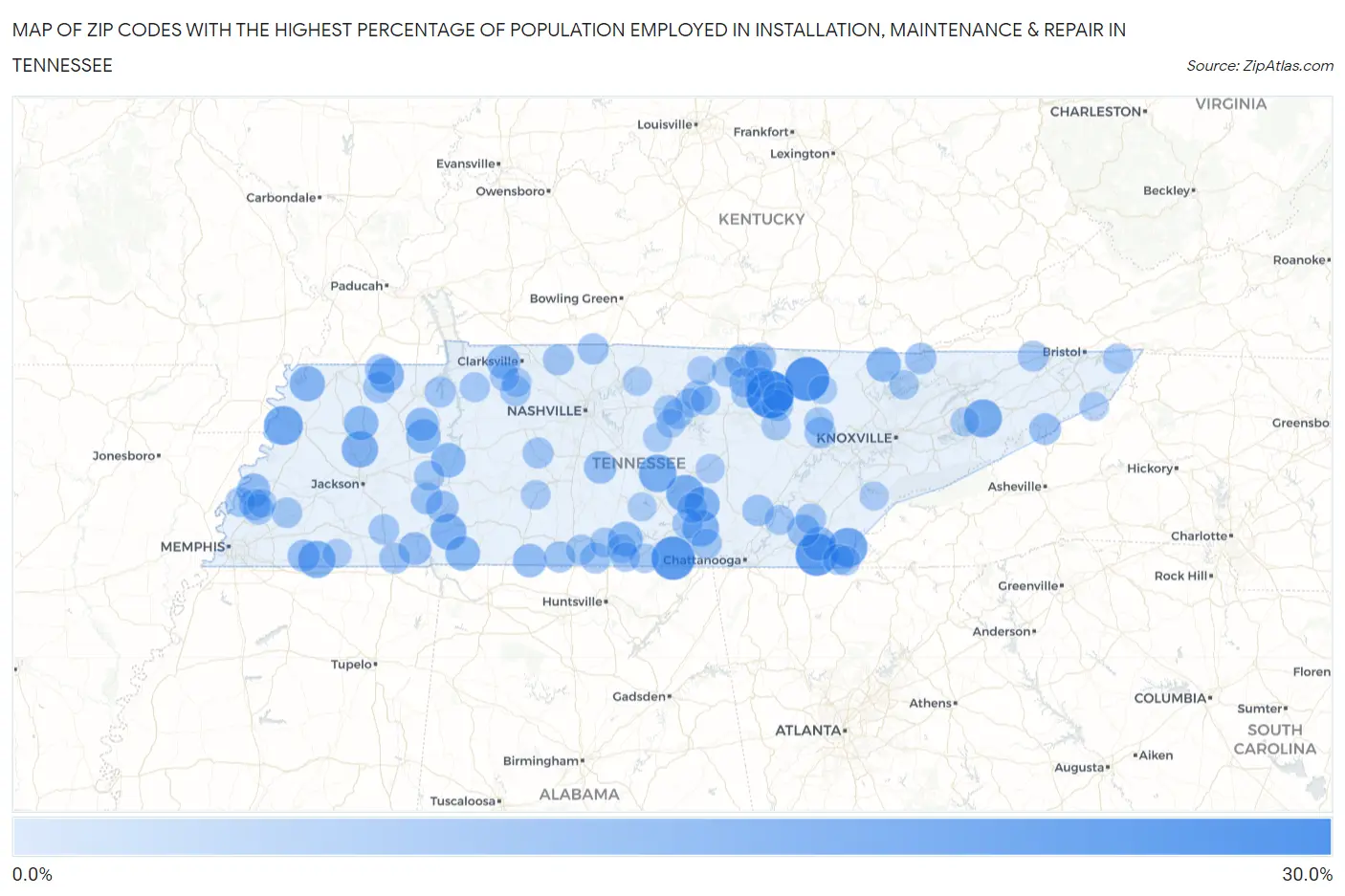 Zip Codes with the Highest Percentage of Population Employed in Installation, Maintenance & Repair in Tennessee Map