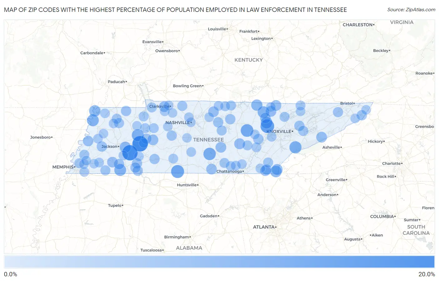 Zip Codes with the Highest Percentage of Population Employed in Law Enforcement in Tennessee Map