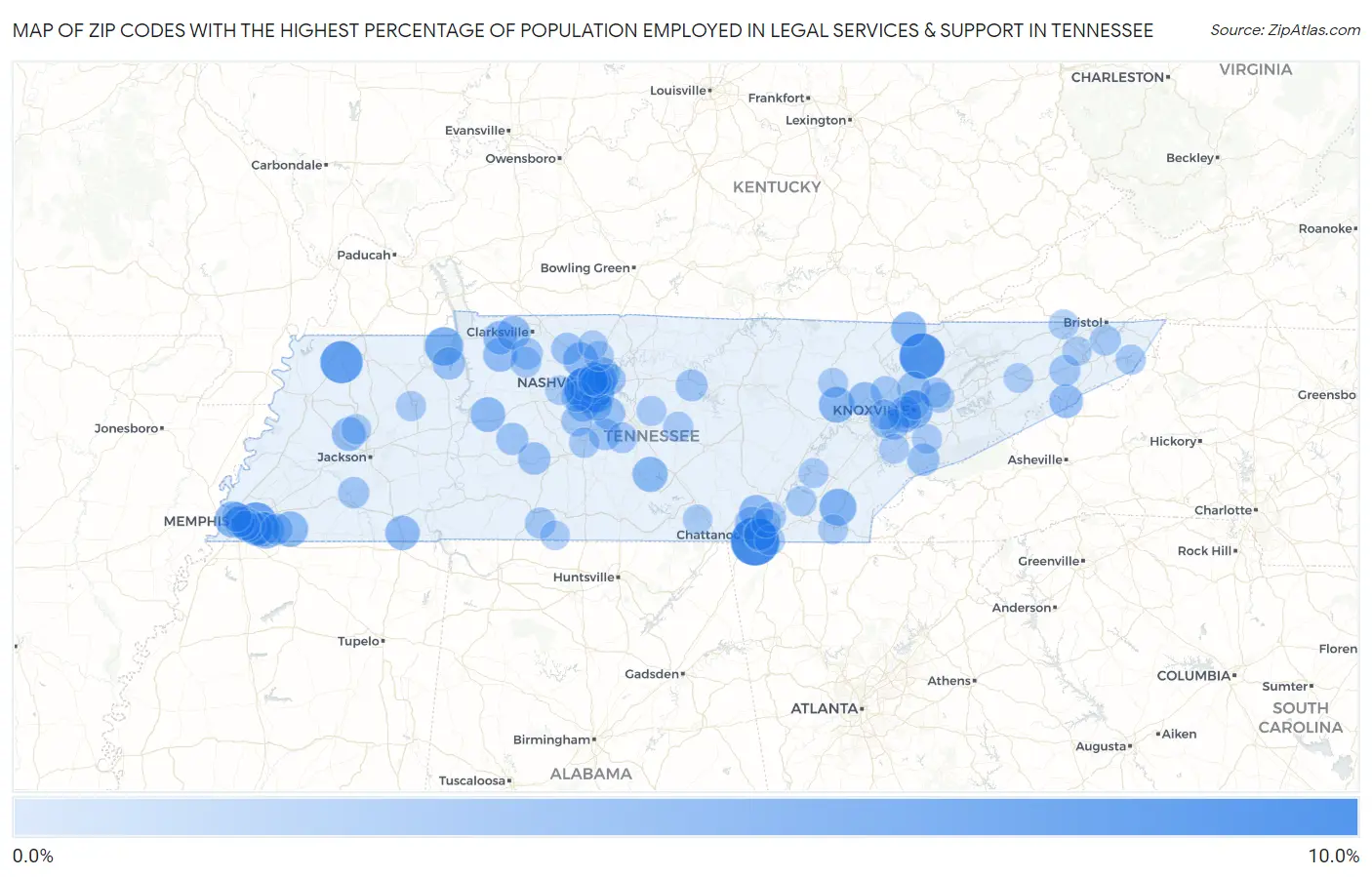 Zip Codes with the Highest Percentage of Population Employed in Legal Services & Support in Tennessee Map