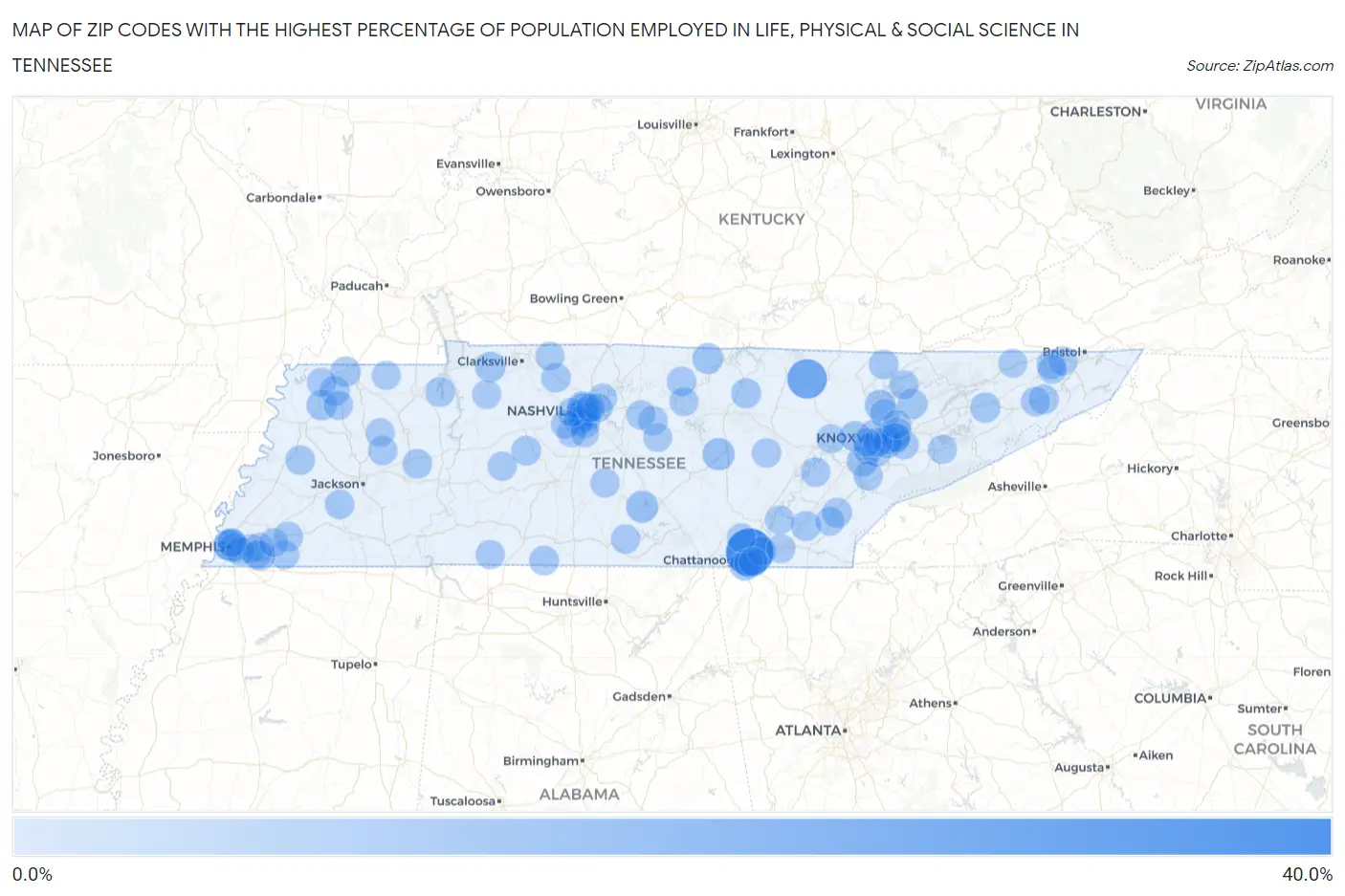 Zip Codes with the Highest Percentage of Population Employed in Life, Physical & Social Science in Tennessee Map
