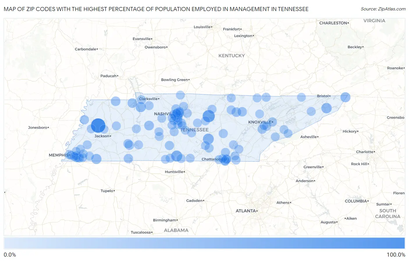 Zip Codes with the Highest Percentage of Population Employed in Management in Tennessee Map