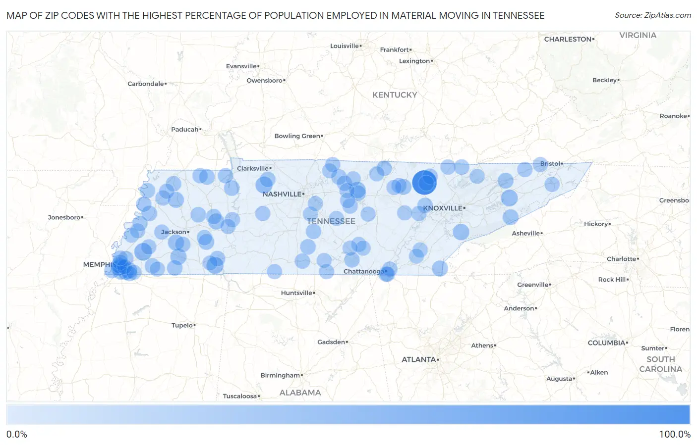 Zip Codes with the Highest Percentage of Population Employed in Material Moving in Tennessee Map
