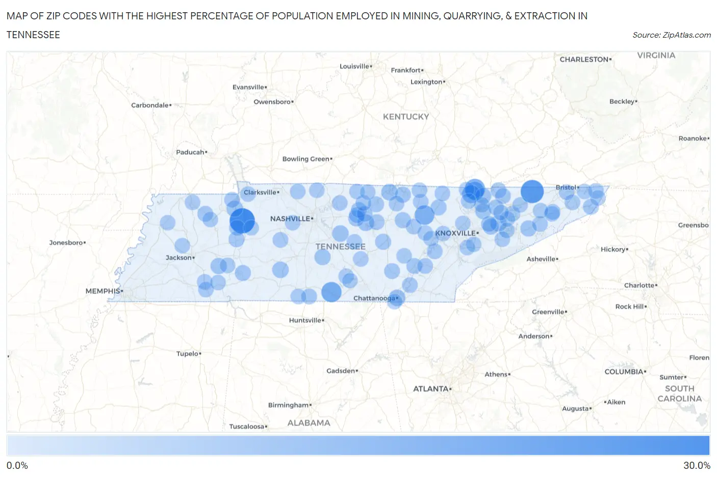 Zip Codes with the Highest Percentage of Population Employed in Mining, Quarrying, & Extraction in Tennessee Map