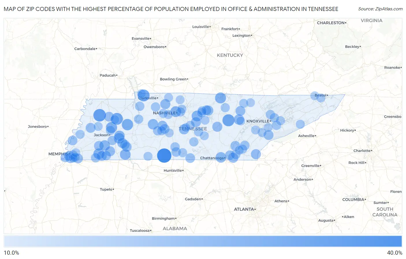 Zip Codes with the Highest Percentage of Population Employed in Office & Administration in Tennessee Map