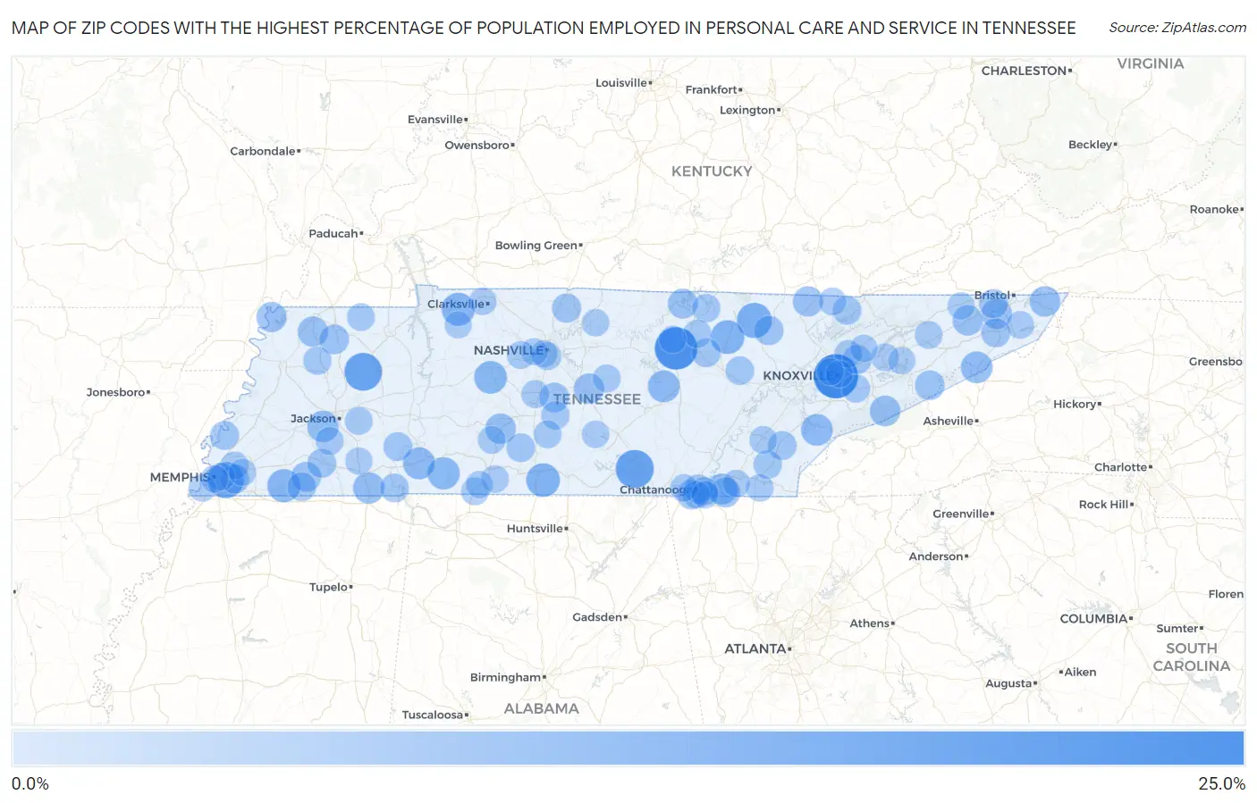 Zip Codes with the Highest Percentage of Population Employed in Personal Care and Service in Tennessee Map