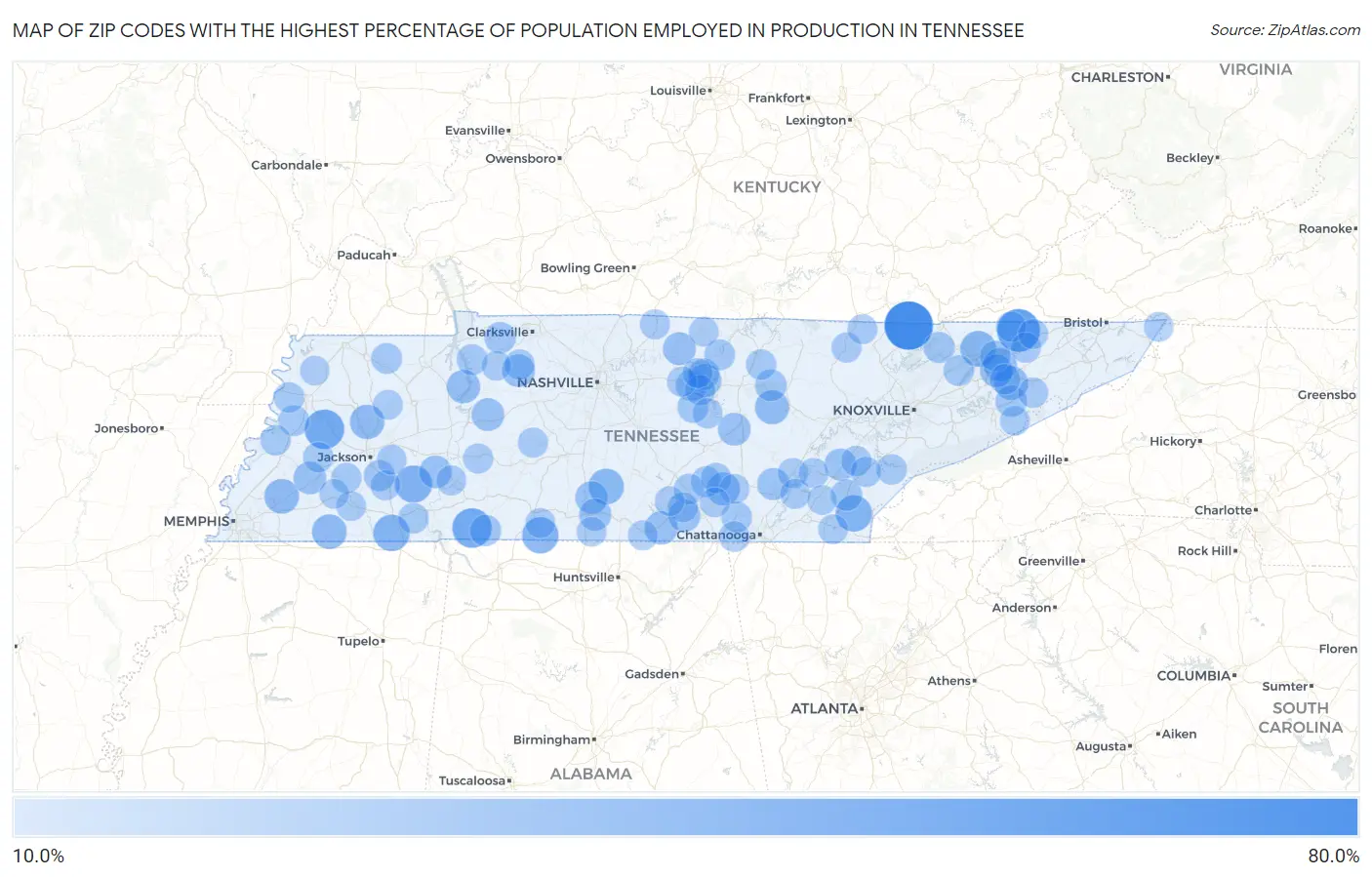 Zip Codes with the Highest Percentage of Population Employed in Production in Tennessee Map