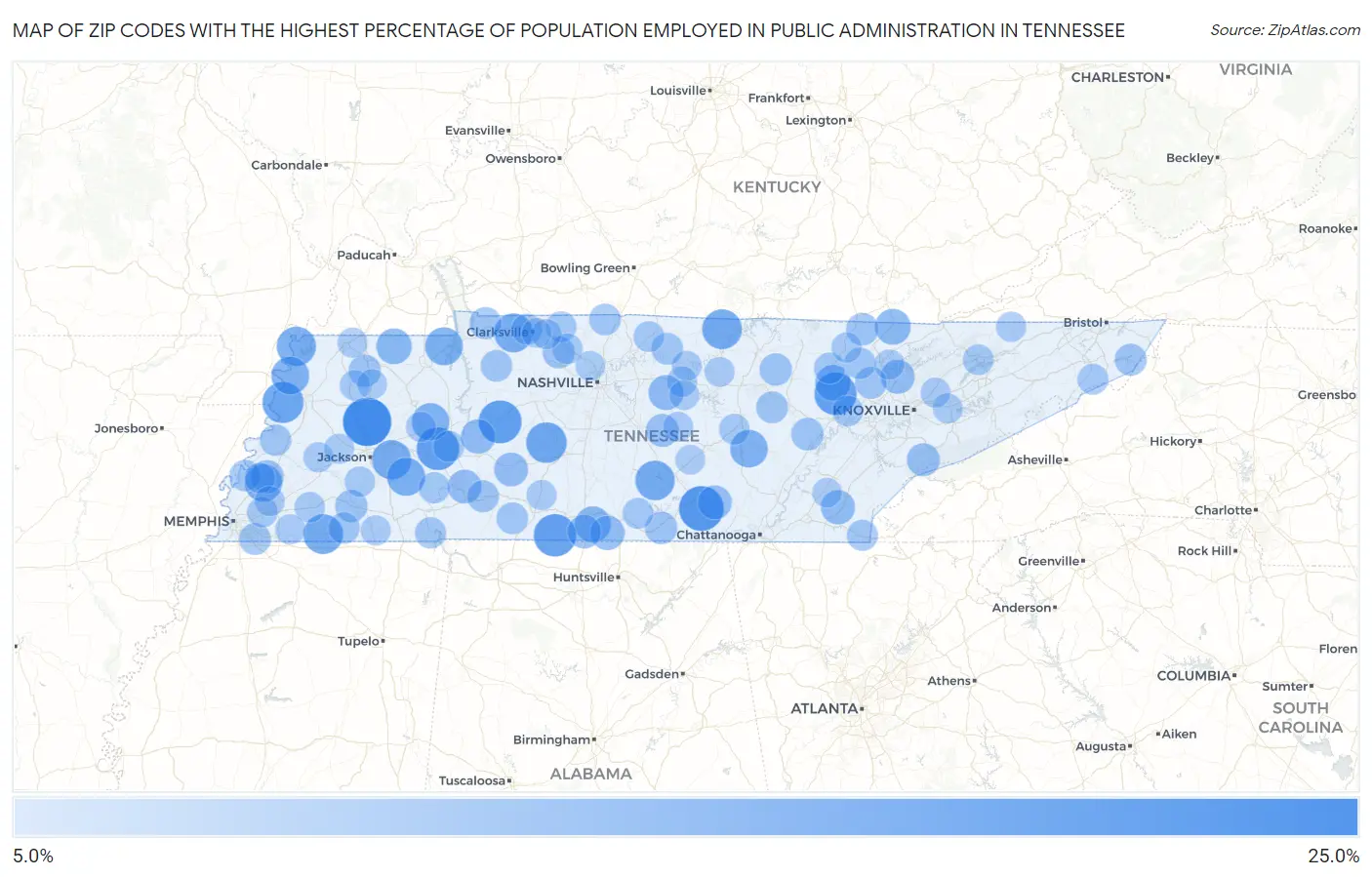 Zip Codes with the Highest Percentage of Population Employed in Public Administration in Tennessee Map