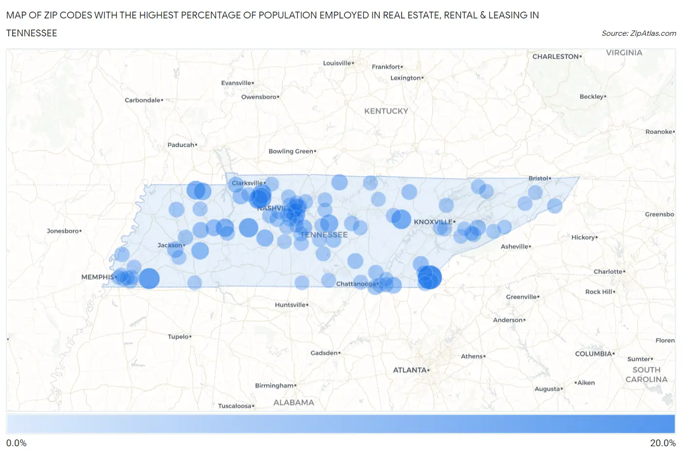 Zip Codes with the Highest Percentage of Population Employed in Real Estate, Rental & Leasing in Tennessee Map