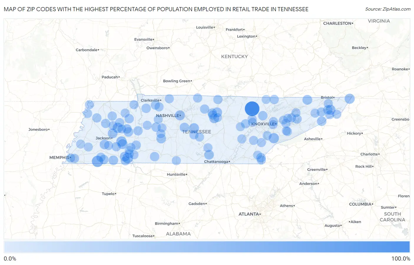 Zip Codes with the Highest Percentage of Population Employed in Retail Trade in Tennessee Map