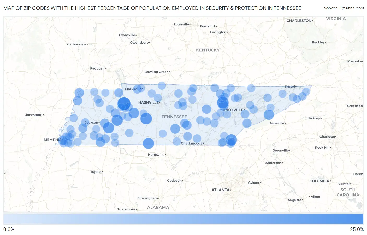 Zip Codes with the Highest Percentage of Population Employed in Security & Protection in Tennessee Map