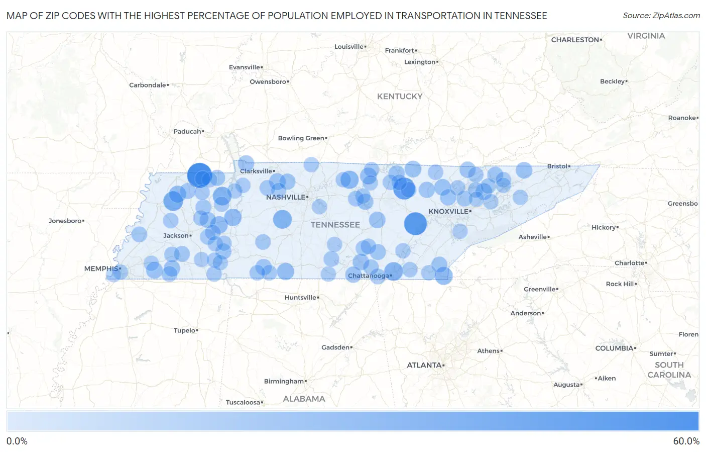 Zip Codes with the Highest Percentage of Population Employed in Transportation in Tennessee Map
