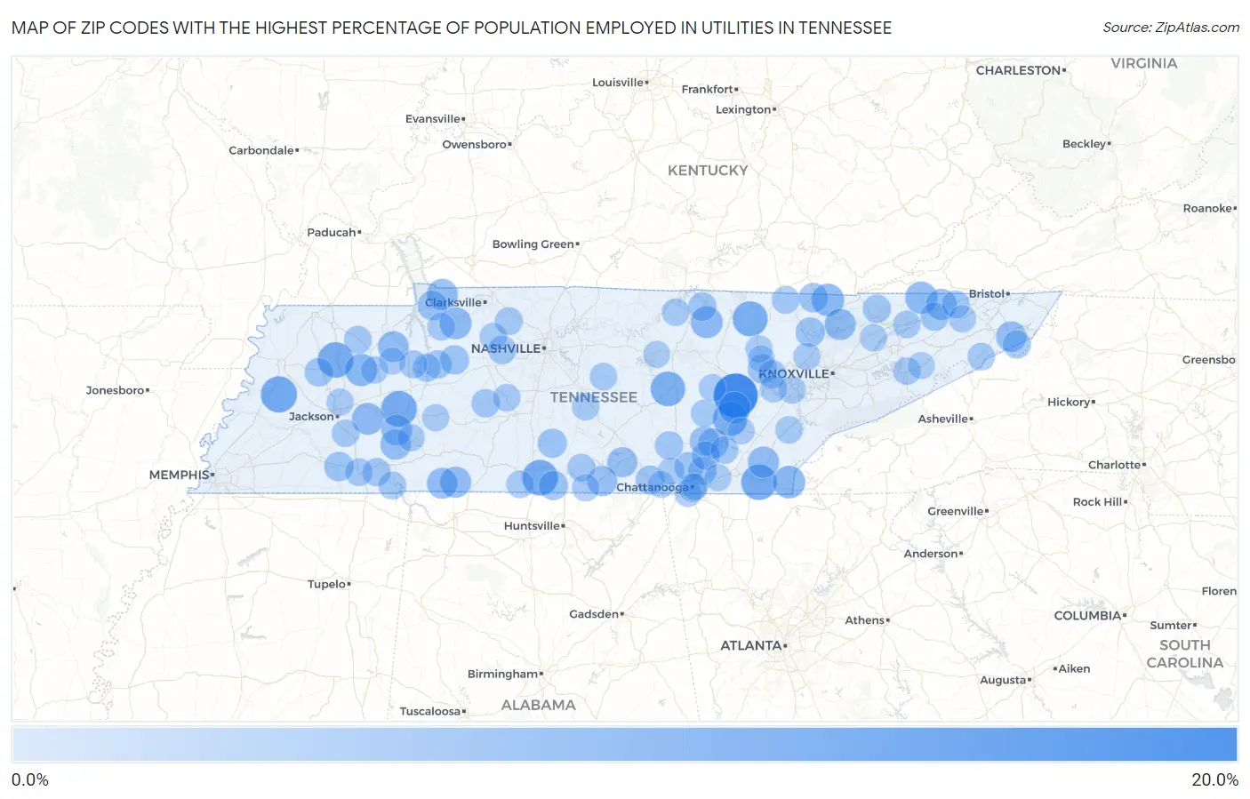 Zip Codes with the Highest Percentage of Population Employed in Utilities in Tennessee Map