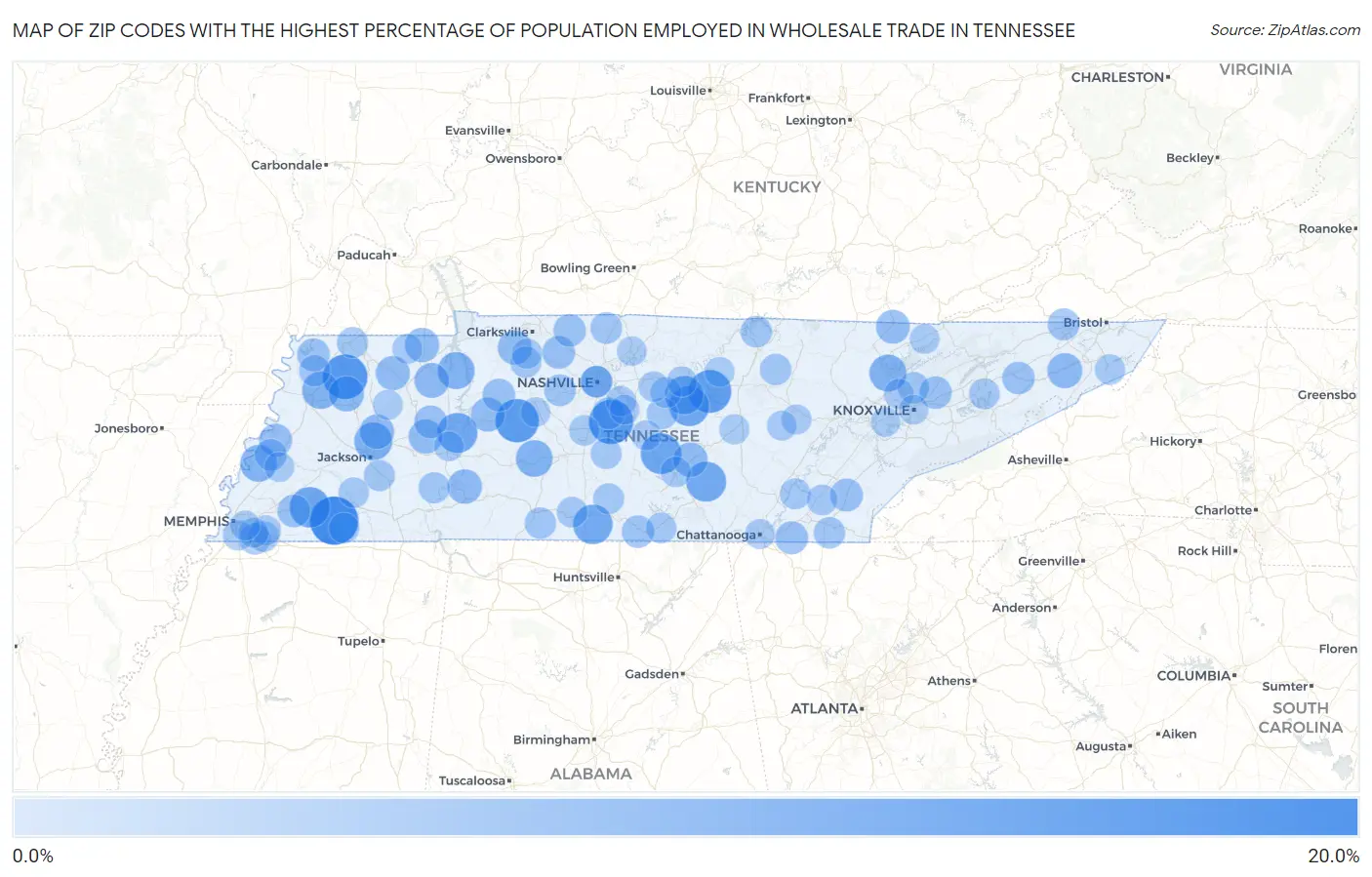 Zip Codes with the Highest Percentage of Population Employed in Wholesale Trade in Tennessee Map