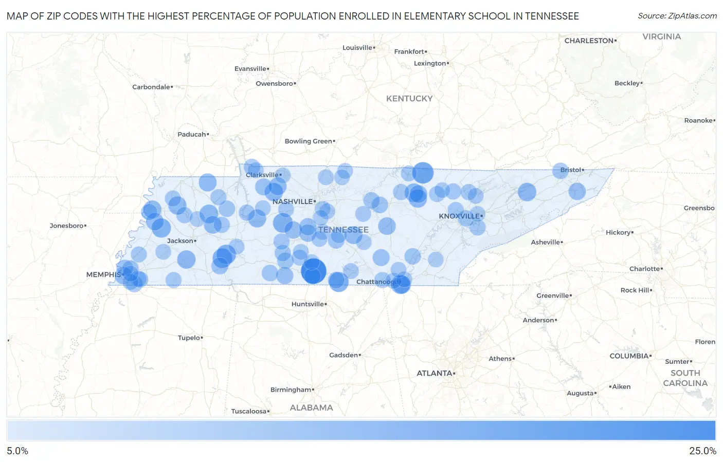 Zip Codes with the Highest Percentage of Population Enrolled in Elementary School in Tennessee Map