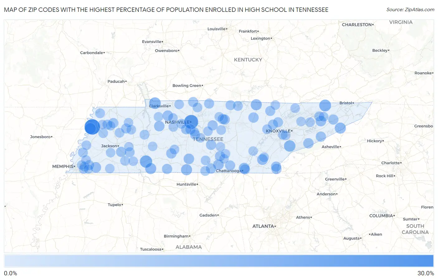 Zip Codes with the Highest Percentage of Population Enrolled in High School in Tennessee Map