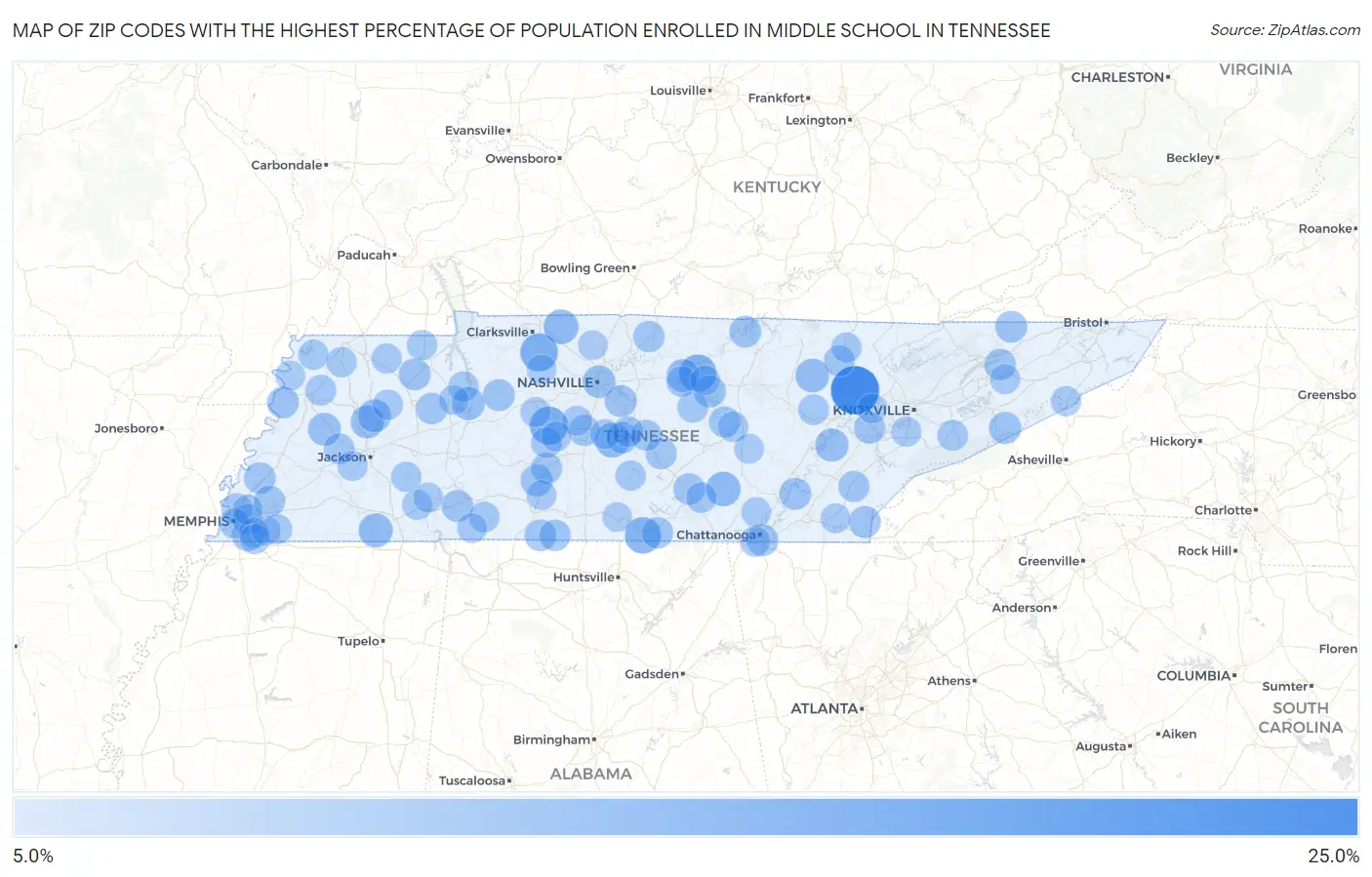 Zip Codes with the Highest Percentage of Population Enrolled in Middle School in Tennessee Map