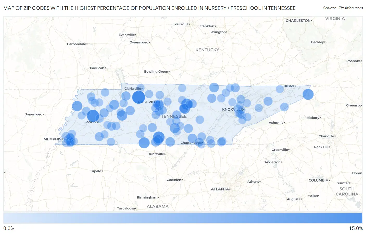 Zip Codes with the Highest Percentage of Population Enrolled in Nursery / Preschool in Tennessee Map