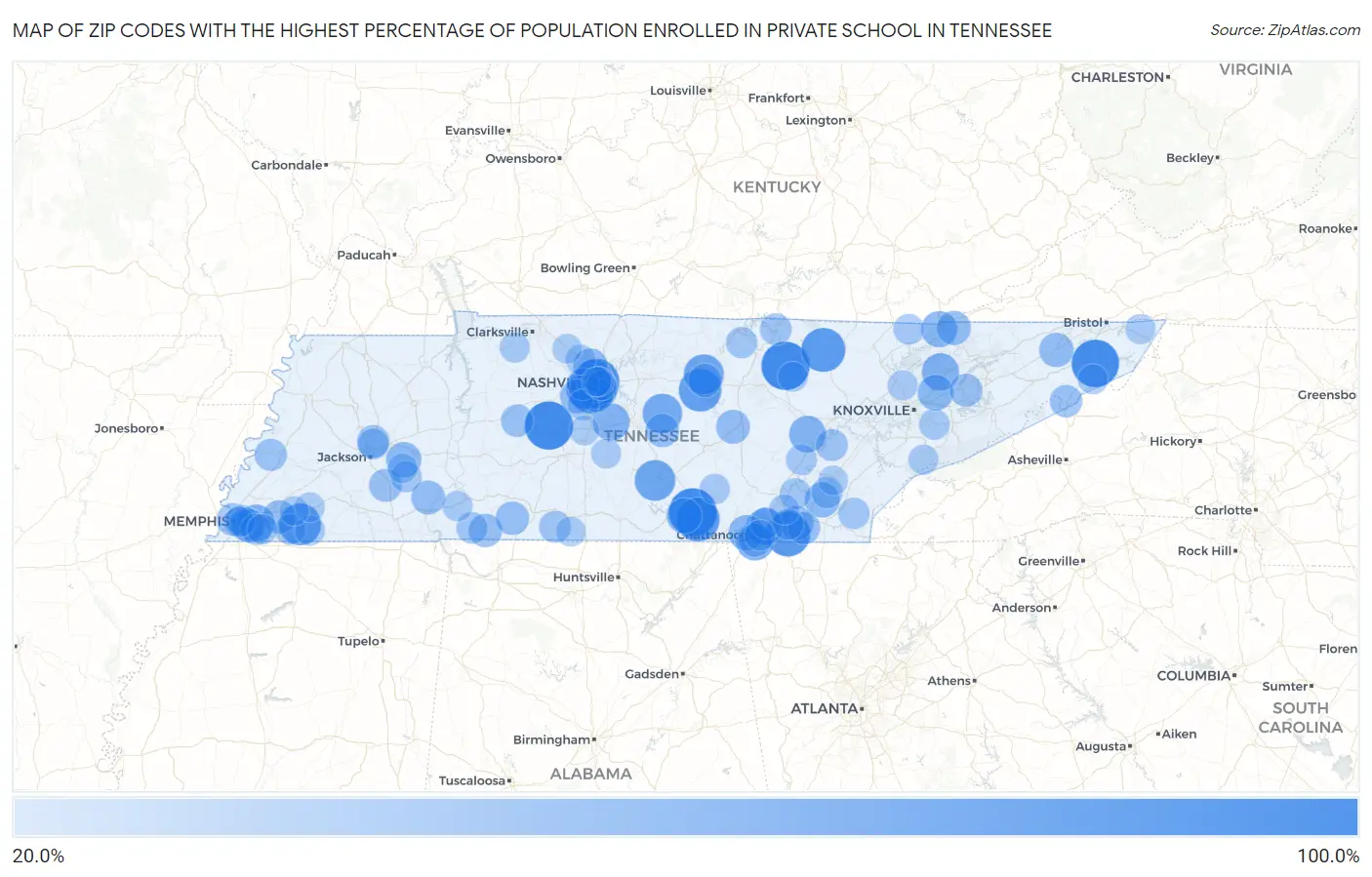 Zip Codes with the Highest Percentage of Population Enrolled in Private School in Tennessee Map