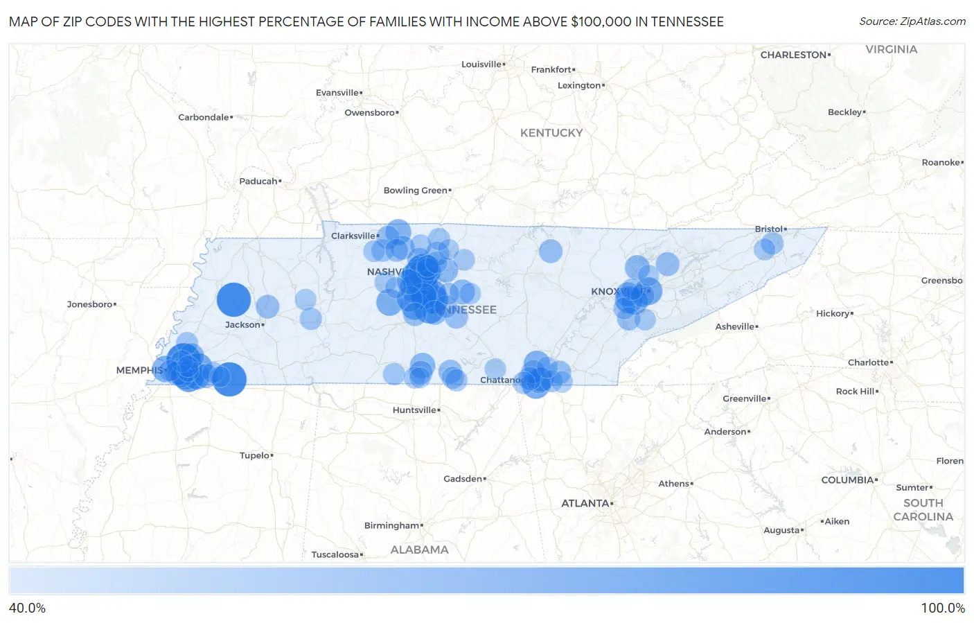 Zip Codes with the Highest Percentage of Families with Income Above $100,000 in Tennessee Map