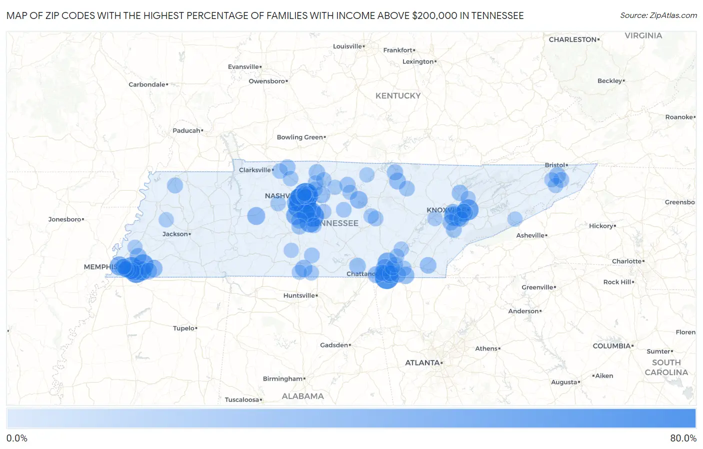 Zip Codes with the Highest Percentage of Families with Income Above $200,000 in Tennessee Map