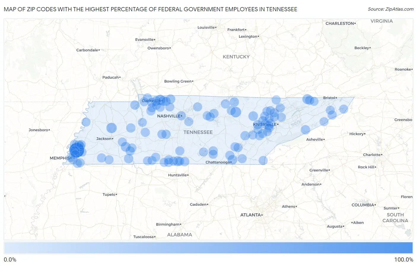 Zip Codes with the Highest Percentage of Federal Government Employees in Tennessee Map