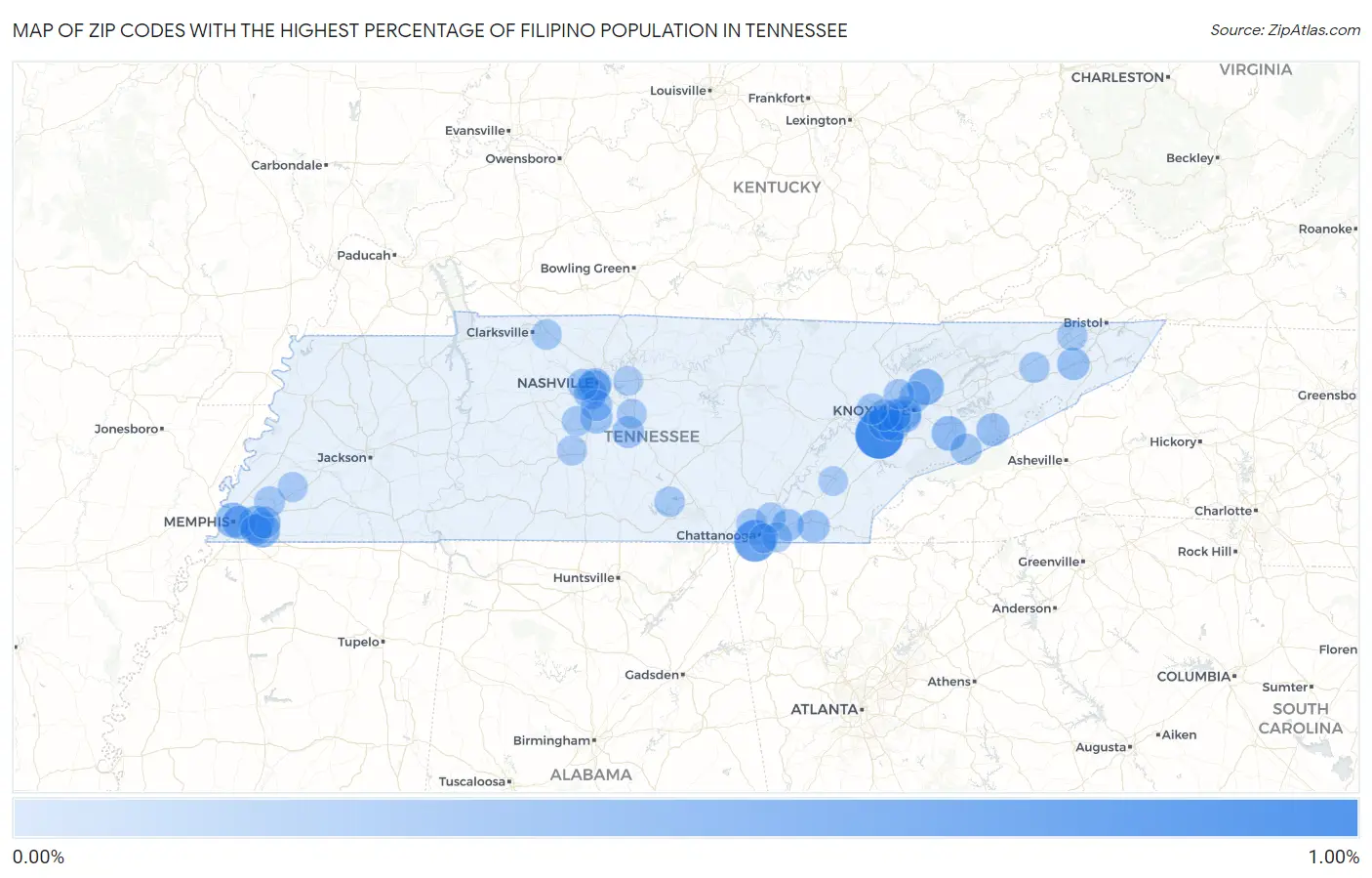Zip Codes with the Highest Percentage of Filipino Population in Tennessee Map