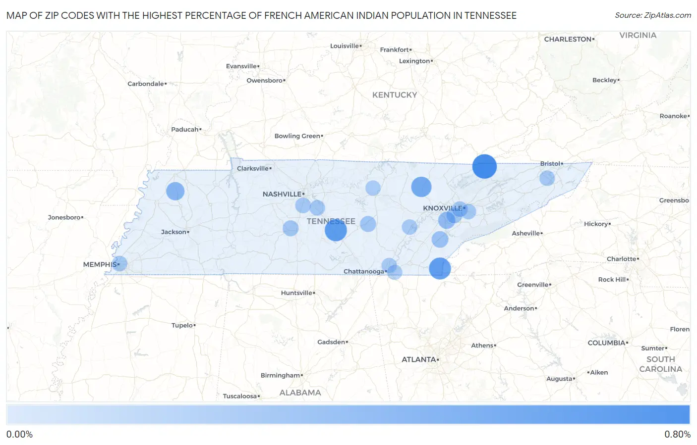 Zip Codes with the Highest Percentage of French American Indian Population in Tennessee Map