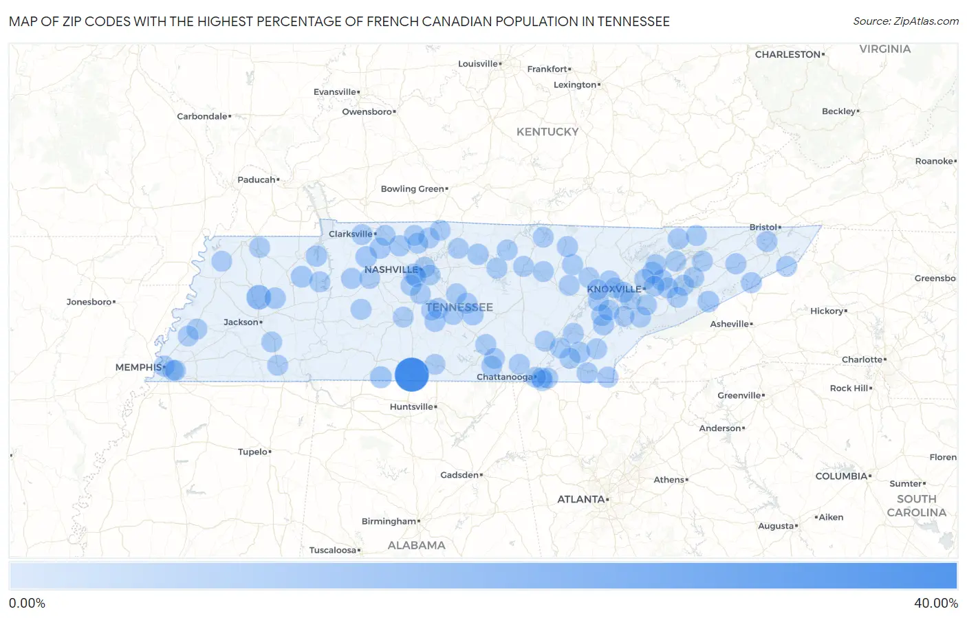 Zip Codes with the Highest Percentage of French Canadian Population in Tennessee Map