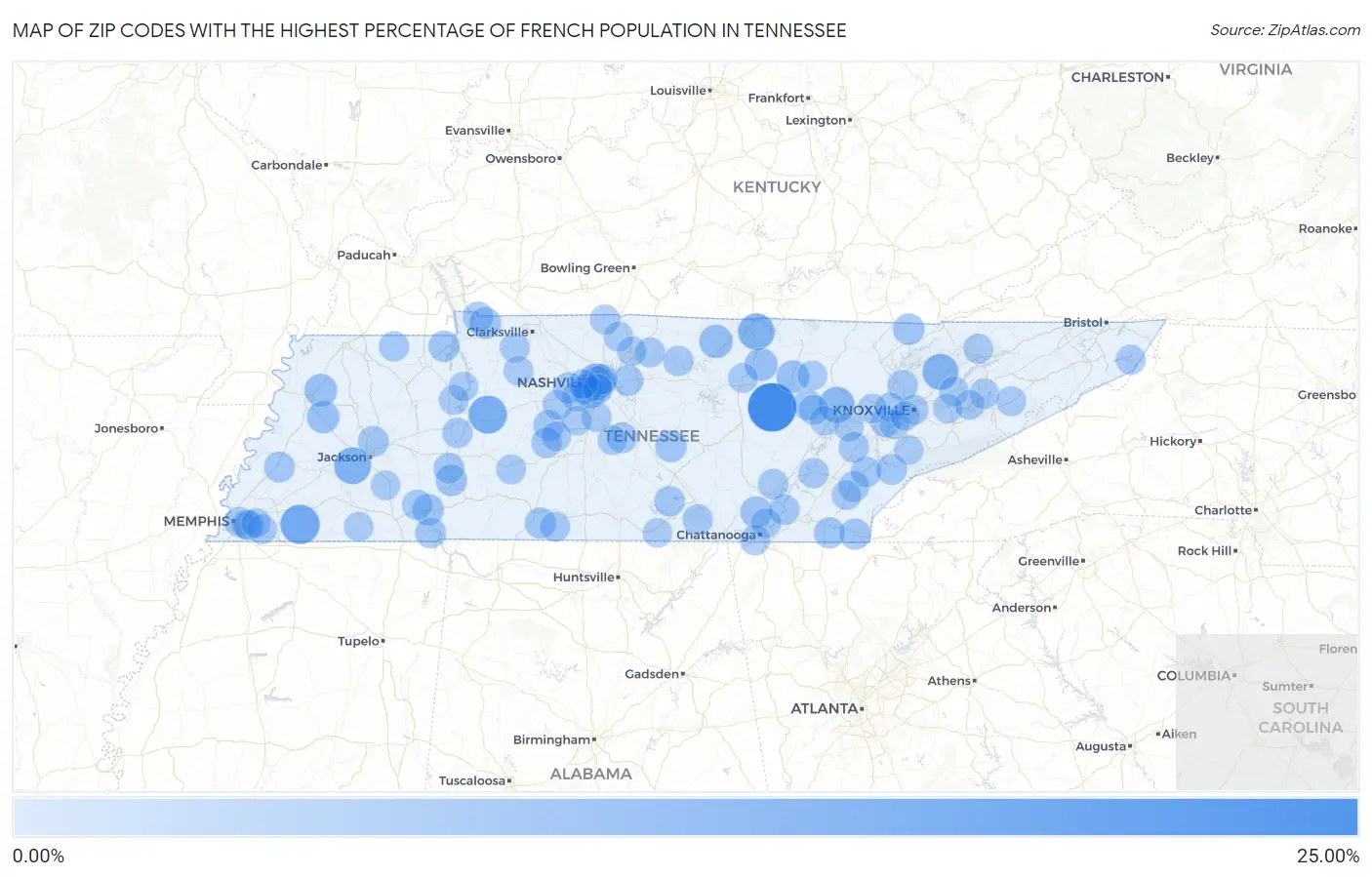Zip Codes with the Highest Percentage of French Population in Tennessee Map