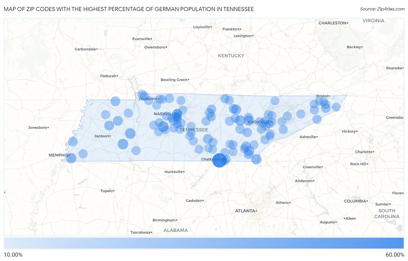 Zip Codes with the Highest Percentage of German Population in Tennessee Map