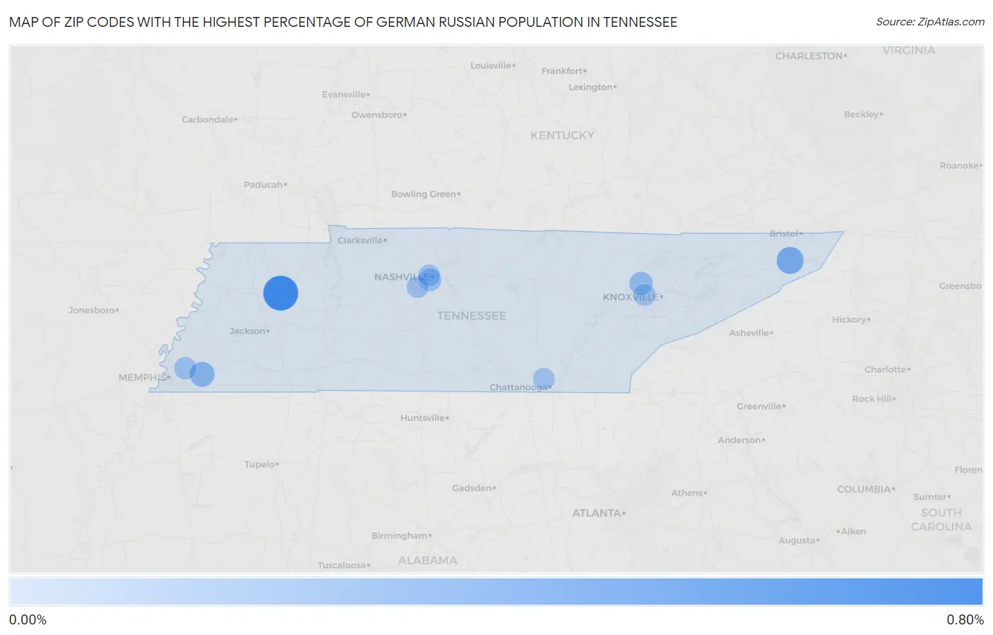 Zip Codes with the Highest Percentage of German Russian Population in Tennessee Map