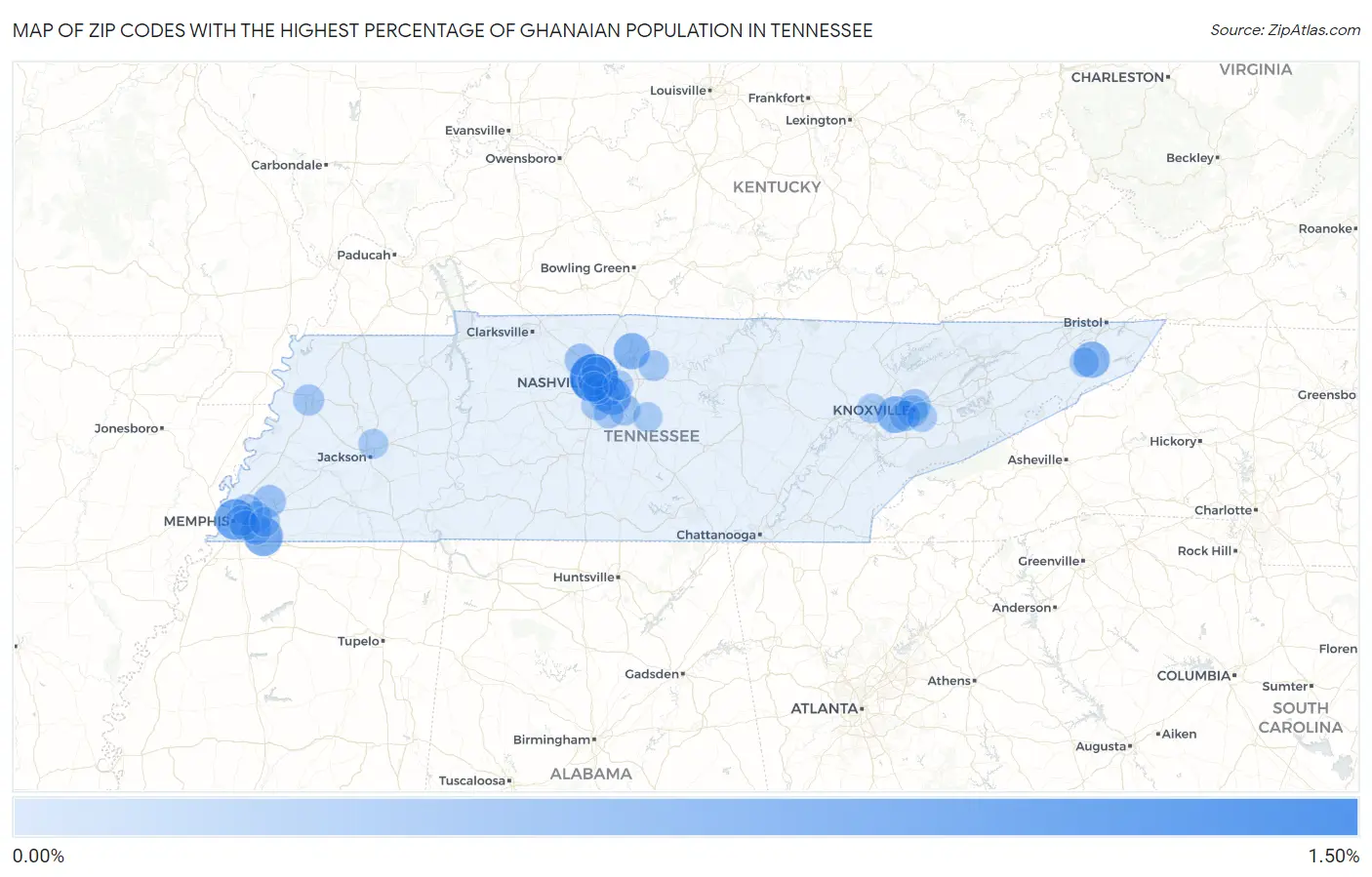 Zip Codes with the Highest Percentage of Ghanaian Population in Tennessee Map