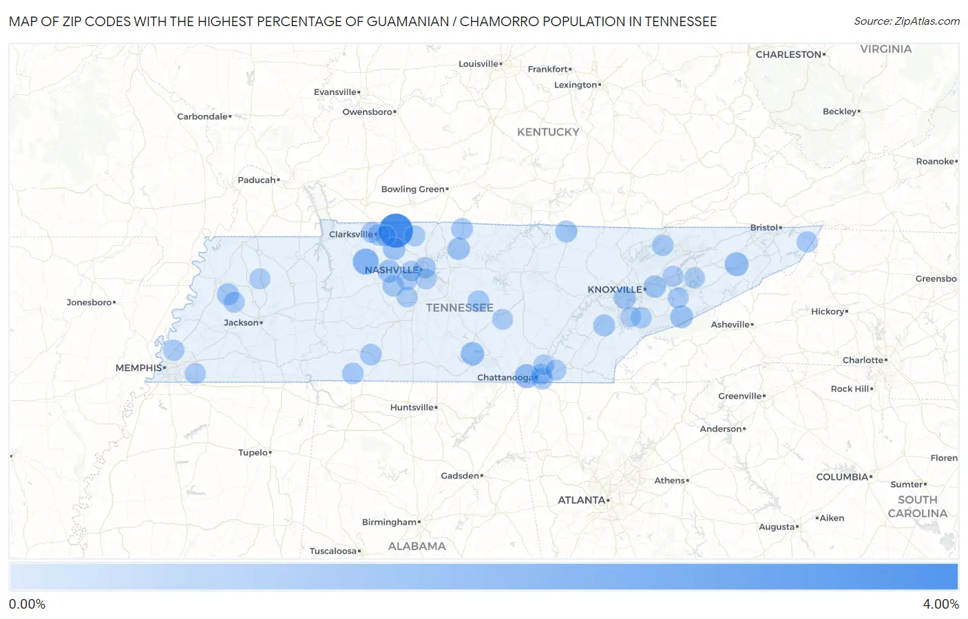 Zip Codes with the Highest Percentage of Guamanian / Chamorro Population in Tennessee Map