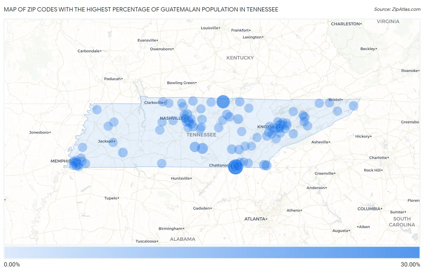 Zip Codes with the Highest Percentage of Guatemalan Population in Tennessee Map